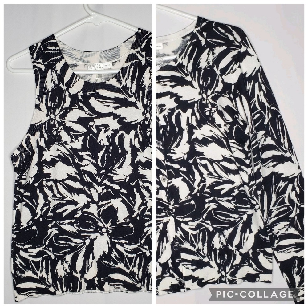 Spense Button Cardigan Sweater SET Women Petite‎ PL Monochrome Floral Preppy
